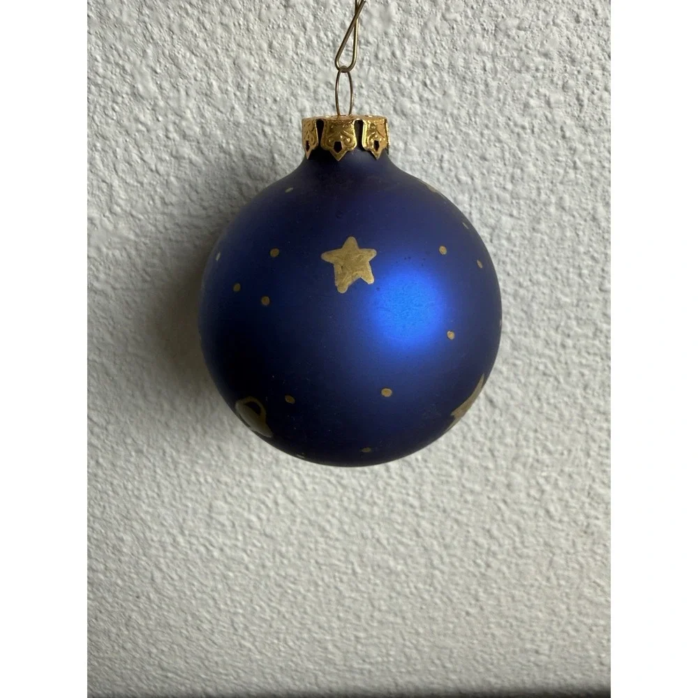 Signed Celestial Moon Stars Hand Painted Blue Glass Ornament Vintage 1993 Studio